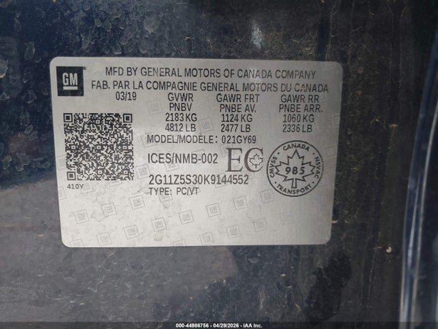 Aukcja sprzedaży 2019 Chevrolet Impala 1lt, vin: 2G11Z5S30K9144552, numer aukcji: 44986756