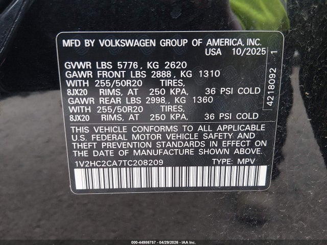 44986757 :رقم المزاد ، 1V2HC2CA7TC208209 vin ، 2026 Volkswagen Atlas Cross Sport Se With Technology مزاد بيع