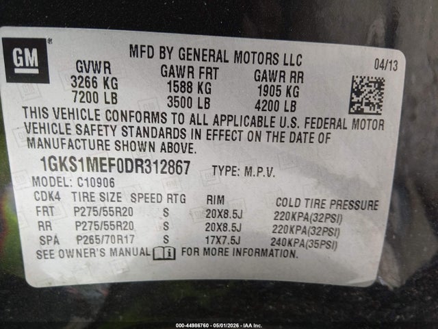 44986760 :رقم المزاد ، 1GKS1MEF0DR312867 vin ، 2013 Gmc Yukon Xl 1500 Denali مزاد بيع