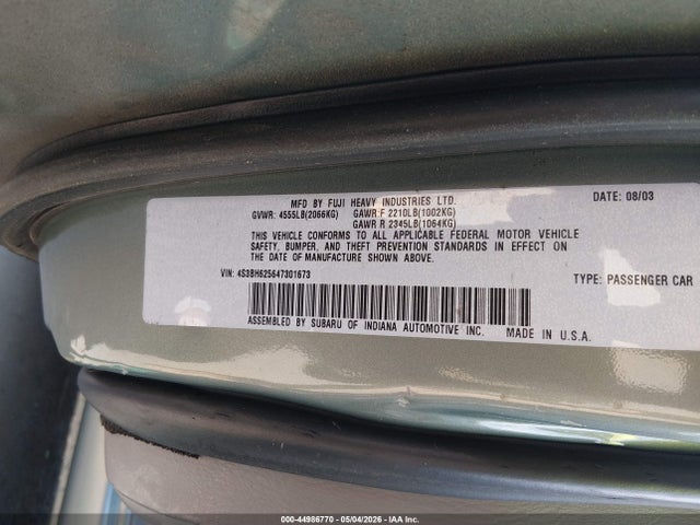 2004 Subaru Legacy L/l W/35th Anniversary Edition მანქანა იყიდება აუქციონზე, vin: 4S3BH625647301673, აუქციონის ნომერი: 44986770