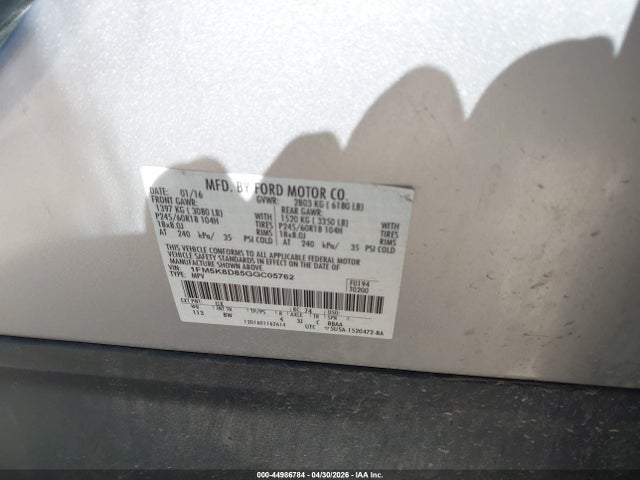 2016 Ford Explorer Xlt მანქანა იყიდება აუქციონზე, vin: 1FM5K8D85GGC05762, აუქციონის ნომერი: 44986784