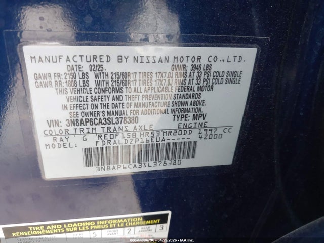 44986796 :رقم المزاد ، 3N8AP6CA3SL378380 vin ، 2025 Nissan Kicks Sv Fwd مزاد بيع