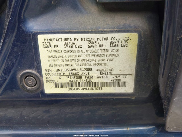 Aukcja sprzedaży 2006 Nissan Sentra 1.8s, vin: 3N1CB51D96L567022, numer aukcji: 44986799