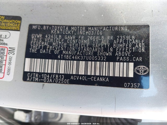 44986813 :رقم المزاد ، 4T1BE46K37U005332 vin ، 2007 Toyota Camry Ce مزاد بيع