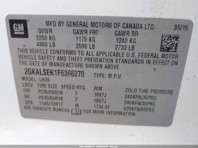 Aukcja sprzedaży 2015 Gmc Terrain Slt-1, vin: 2GKALSEK1F6366278, numer aukcji: 44986814