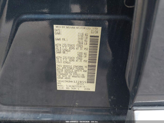 Aukcja sprzedaży 2017 Nissan Murano Platinum, vin: 5N1AZ2MG8HN122855, numer aukcji: 44986822