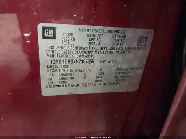 Продаж на аукціоні авто 2017 Cadillac Xt5 Luxury, vin: 1GYKNDRSXHZ187366, номер лоту: 44986831