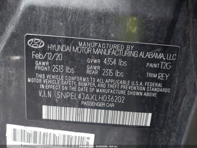 44986838 :رقم المزاد ، 5NPEL4JAXLH036202 vin ، 2020 Hyundai Sonata Sel مزاد بيع