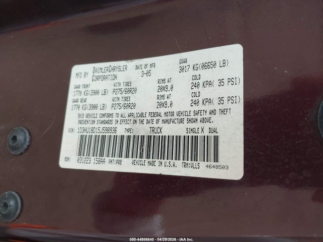 44986840 :رقم المزاد ، 1D3HU18D15J598936 vin ، 2005 Dodge Ram 1500 Slt/laramie مزاد بيع