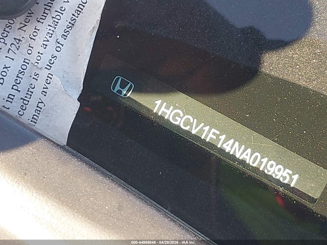 44986846 :رقم المزاد ، 1HGCV1F14NA019951 vin ، 2022 Honda Accord Lx مزاد بيع