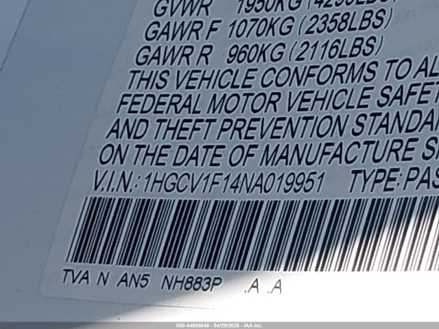 44986846 :رقم المزاد ، 1HGCV1F14NA019951 vin ، 2022 Honda Accord Lx مزاد بيع