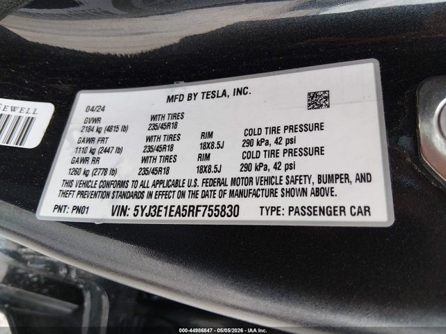 Продажа на аукционе авто 2024 Tesla Model 3 Long Range Dual Motor All-wheel Drive/rear-wheel Drive, vin: 5YJ3E1EA5RF755830, номер лота: 44986847