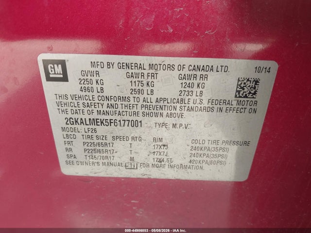 44986853 :رقم المزاد ، 2GKALMEK5F6177001 vin ، 2015 Gmc Terrain Sle-1 مزاد بيع