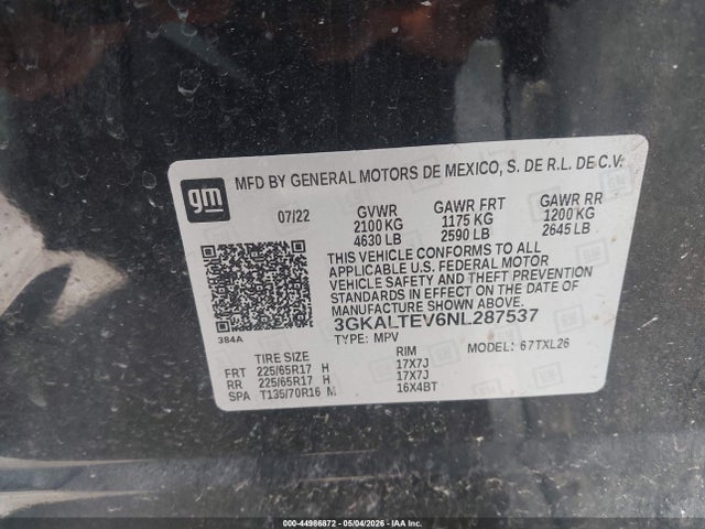 Aukcja sprzedaży 2022 Gmc Terrain Awd Sle, vin: 3GKALTEV6NL287537, numer aukcji: 44986872