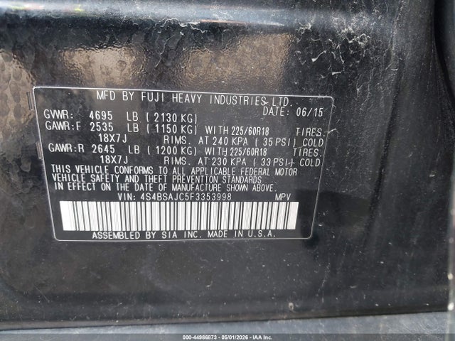 Продаж на аукціоні авто 2015 Subaru Outback 2.5i Limited, vin: 4S4BSAJC5F3353998, номер лоту: 44986873
