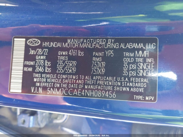 2022 Hyundai Tucson Sel მანქანა იყიდება აუქციონზე, vin: 5NMJCCAE4NH089456, აუქციონის ნომერი: 44986880