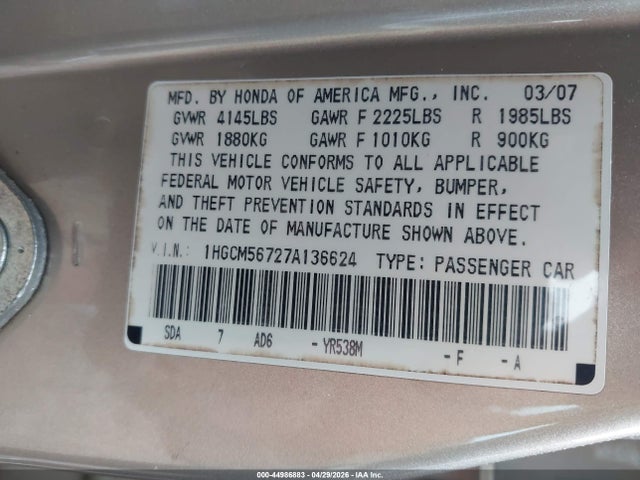 Продаж на аукціоні авто 2007 Honda Accord 2.4 Ex, vin: 1HGCM56727A136624, номер лоту: 44986883