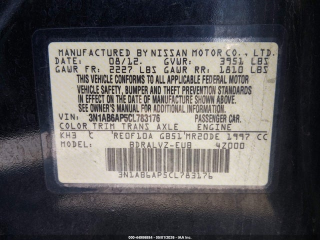 2012 Nissan Sentra 2.0 Sl მანქანა იყიდება აუქციონზე, vin: 3N1AB6AP5CL783176, აუქციონის ნომერი: 44986884