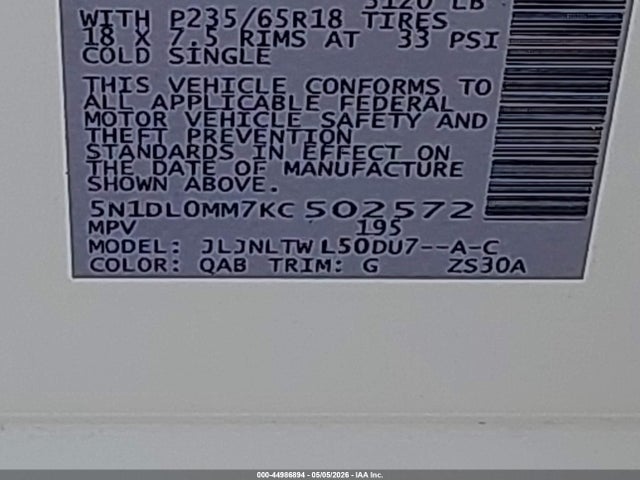 Aukcja sprzedaży 2019 Infiniti Qx60 Luxe, vin: 5N1DL0MM7KC502572, numer aukcji: 44986894