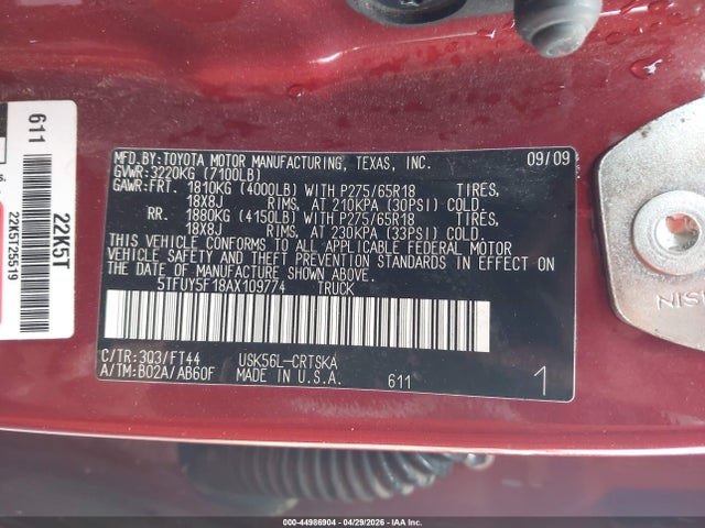 44986904 :رقم المزاد ، 5TFUY5F18AX109774 vin ، 2010 Toyota Tundra Grade 5.7l V8 مزاد بيع