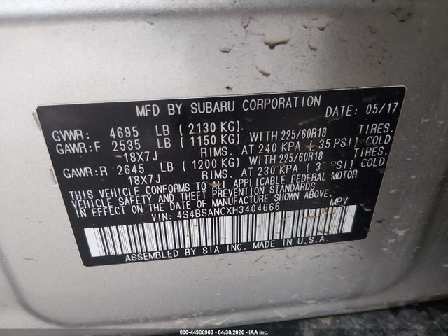 Aukcja sprzedaży 2017 Subaru Outback 2.5i Limited, vin: 4S4BSANCXH3404666, numer aukcji: 44986909