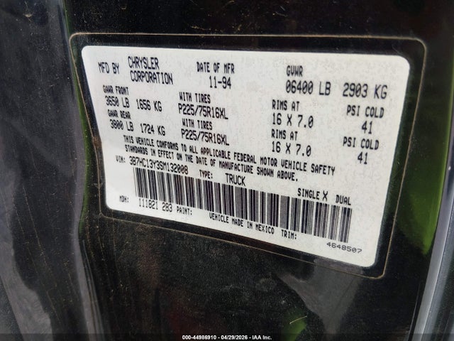 44986910 :رقم المزاد ، 3B7HC13Y3SM132008 vin ، 1995 Dodge Ram 1500 مزاد بيع
