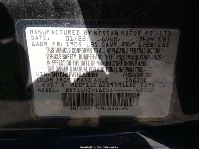 Продаж на аукціоні авто 2022 Nissan Versa 1.6 Sr Xtronic Cvt, vin: 3N1CN8FV7NL828026, номер лоту: 44986927