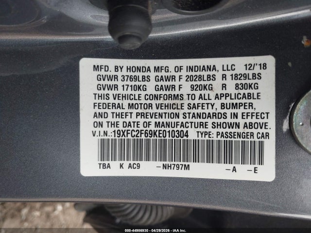 Продаж на аукціоні авто 2019 Honda Civic Lx, vin: 19XFC2F69KE010304, номер лоту: 44986930