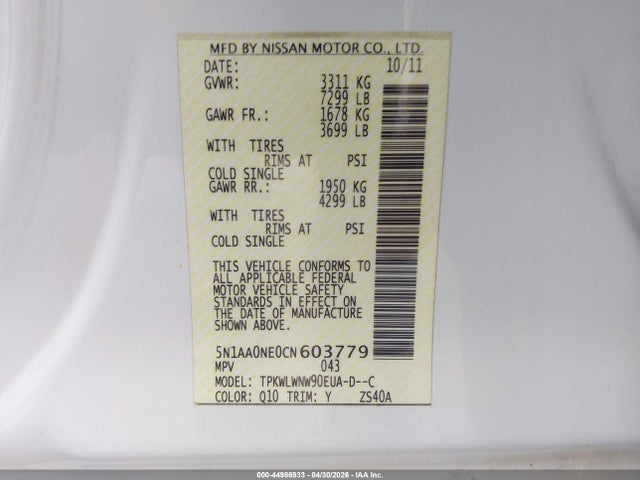 Aukcja sprzedaży 2012 Nissan Armada Platinum, vin: 5N1AA0NE0CN603779, numer aukcji: 44986933