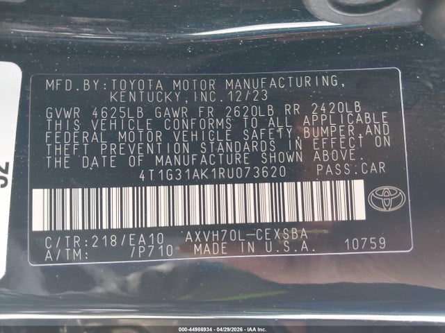 44986934 :رقم المزاد ، 4T1G31AK1RU073620 vin ، 2024 Toyota Camry Hybrid Se مزاد بيع