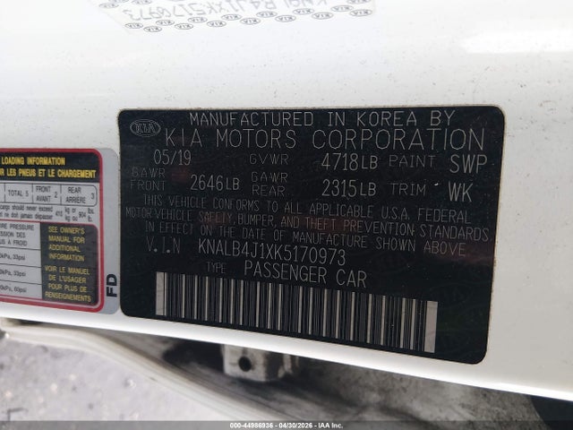 2019 Kia Cadenza Premium მანქანა იყიდება აუქციონზე, vin: KNALB4J1XK5170973, აუქციონის ნომერი: 44986936