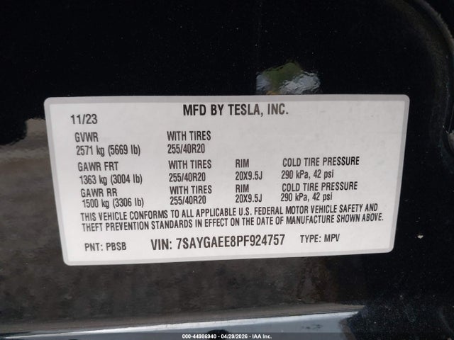 Продажа на аукционе авто 2023 Tesla Model Y Awd/long Range Dual Motor All-wheel Drive, vin: 7SAYGAEE8PF924757, номер лота: 44986940