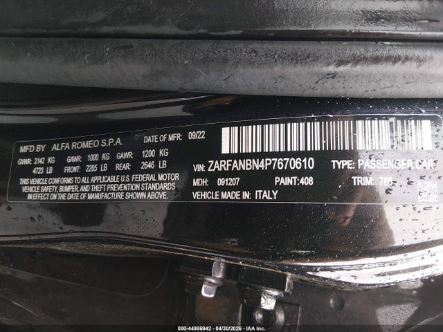 44986942 :رقم المزاد ، ZARFANBN4P7670610 vin ، 2023 Alfa Romeo Giulia Estrema Awd مزاد بيع