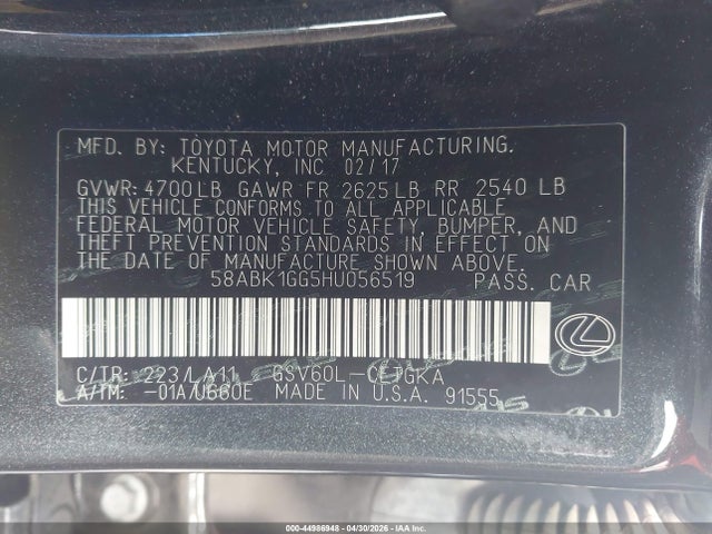Aukcja sprzedaży 2017 Lexus Es 350, vin: 58ABK1GG5HU056519, numer aukcji: 44986948