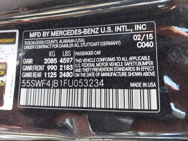 Aukcja sprzedaży 2015 Mercedes-benz C 300 Sport, vin: 55SWF4JB1FU053234, numer aukcji: 44986955