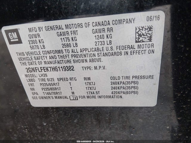 44986959 :رقم المزاد ، 2GNFLFEK7H6119382 vin ، 2017 Chevrolet Equinox Lt مزاد بيع