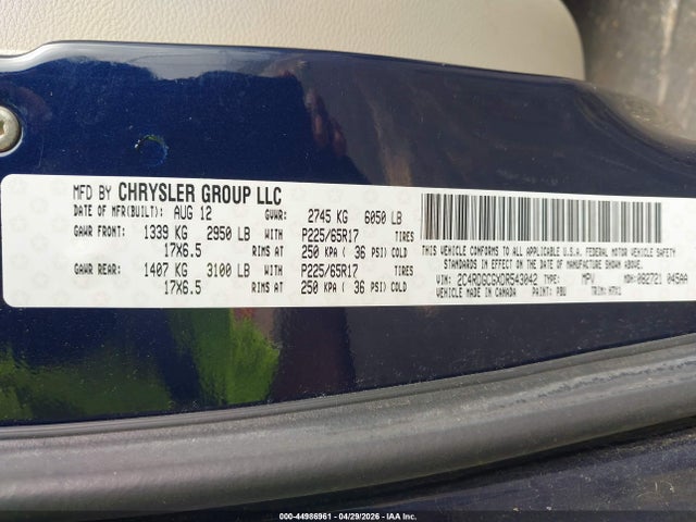 2013 Dodge Grand Caravan Sxt მანქანა იყიდება აუქციონზე, vin: 2C4RDGCGXDR543042, აუქციონის ნომერი: 44986961