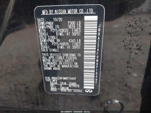 2021 Infiniti Qx80 Luxe მანქანა იყიდება აუქციონზე, vin: JN8AZ2AF9M9718497, აუქციონის ნომერი: 44986970