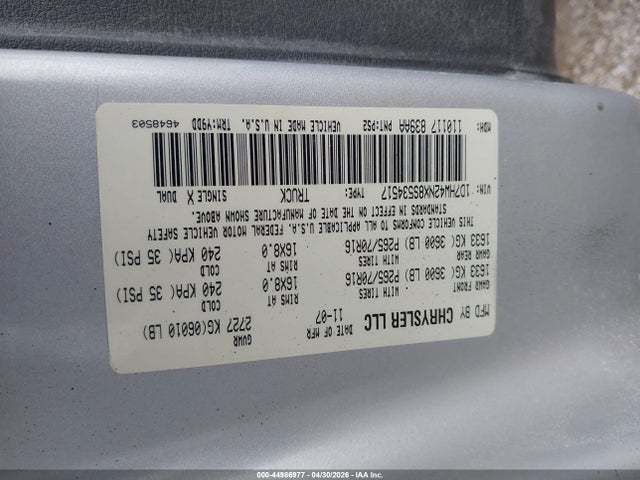 Aukcja sprzedaży 2008 Dodge Dakota Slt, vin: 1D7HW42NX8S534517, numer aukcji: 44986977