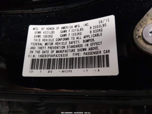 Продажа на аукционе авто 2015 Honda Accord Ex-l, vin: 1HGCR2F84FA226509, номер лота: 44986989