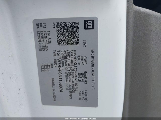 44986995 :رقم المزاد ، 1GTW7BFP6N1158074 vin ، 2022 Gmc Savana Cargo Rwd 2500 Extended Wheelbase Work Van مزاد بيع