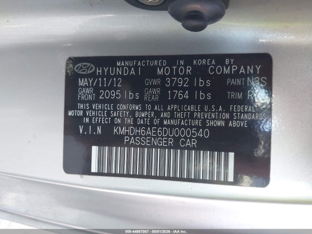 Aukcja sprzedaży 2013 Hyundai Elantra Gs, vin: KMHDH6AE6DU000540, numer aukcji: 44987007