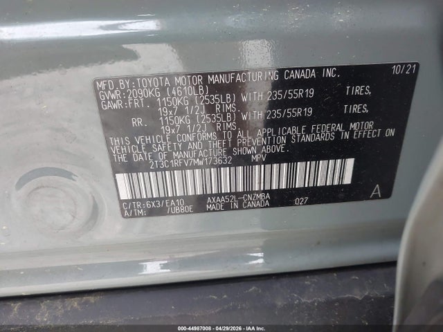 Aukcja sprzedaży 2021 Toyota Rav4 Xle Premium, vin: 2T3C1RFV7MW173632, numer aukcji: 44987008