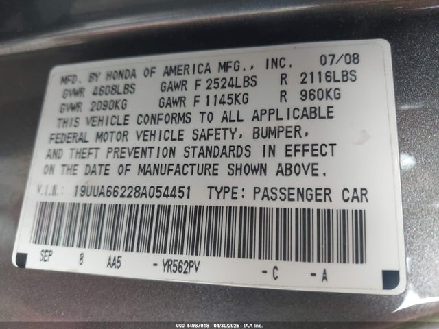 2008 Acura Tl 3.2 მანქანა იყიდება აუქციონზე, vin: 19UUA66228A054451, აუქციონის ნომერი: 44987018