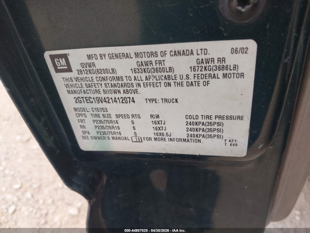 Aukcja sprzedaży 2002 Gmc Sierra 1500 Sle, vin: 2GTEC19V421412074, numer aukcji: 44987025