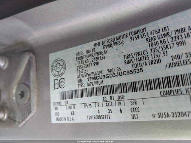 44987041 :رقم المزاد ، 1FMCU9GD3JUC95535 vin ، 2018 Ford Escape Se مزاد بيع