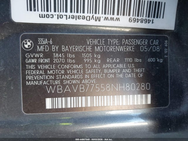 2008 Bmw 335i მანქანა იყიდება აუქციონზე, vin: WBAVB77558NH80280, აუქციონის ნომერი: 44987049
