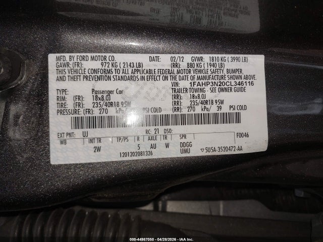44987050 :رقم المزاد ، 1FAHP3N20CL346116 vin ، 2012 Ford Focus Titanium مزاد بيع