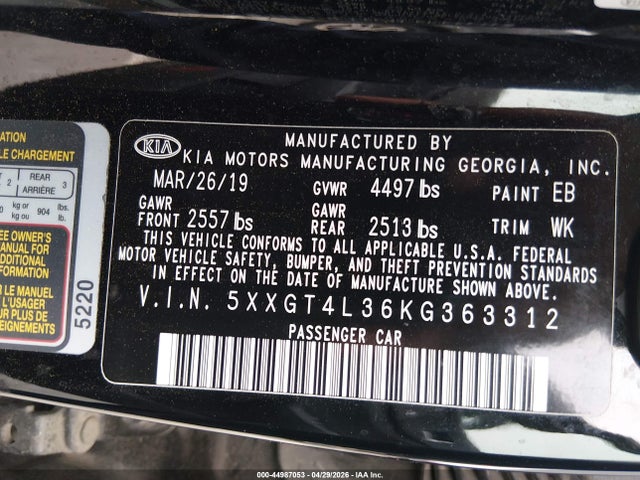 2019 Kia Optima Lx მანქანა იყიდება აუქციონზე, vin: 5XXGT4L36KG363312, აუქციონის ნომერი: 44987053