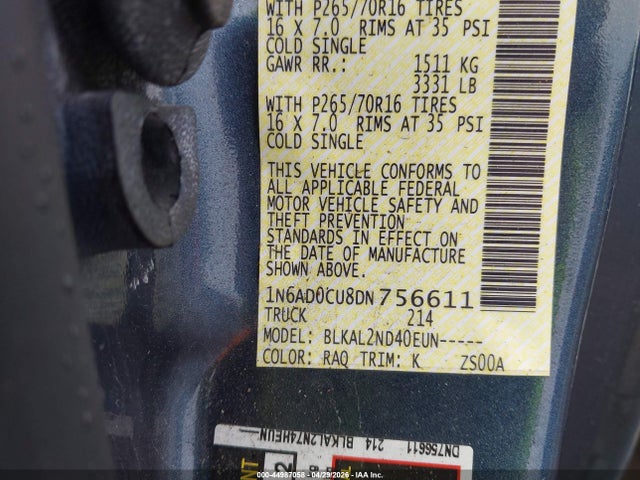 44987058 :رقم المزاد ، 1N6AD0CU8DN756611 vin ، 2013 Nissan Frontier Sv مزاد بيع